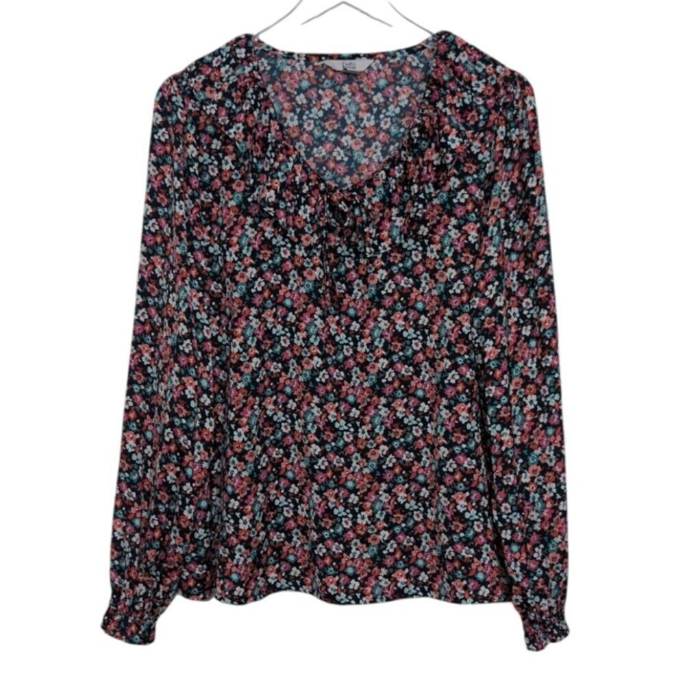 Croft & Barrow Ditsy Floral Shirt Womens Size XL Blue Ruffle Neck Lightweight